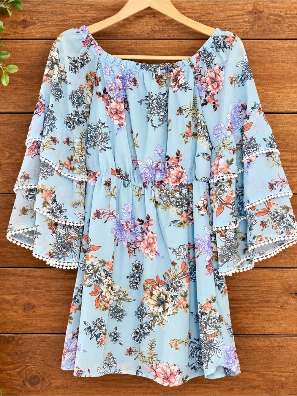 Bailey Blue Floral Off Shoulder Bell Sleeve Pom Pom Dress Small Boho